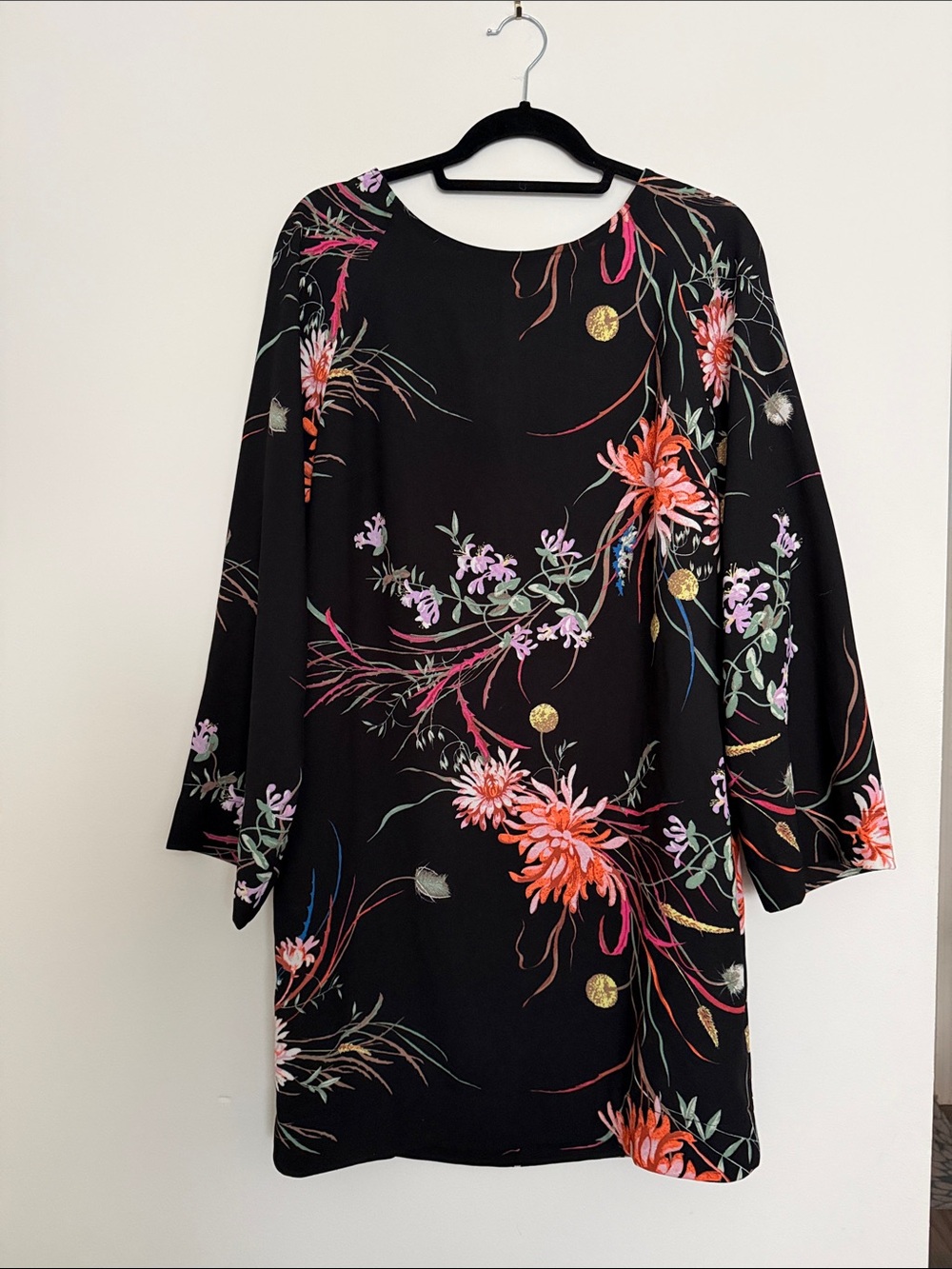 H&M Black Floral Long-Sleeve Shift Dress with Pink, Orange & Gold Accents